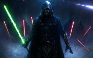 Man dark suit holding lightsabers 2 - cinematic concept art free wallpaper for desktop