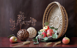 Basket apples fruit table brown - a basket of apples free wallpaper