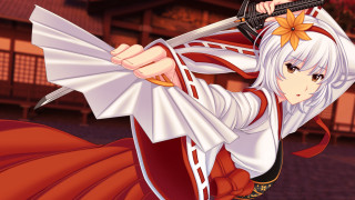 Woman red white outfit sword 4 - her hand and a building in the background free wallpaper