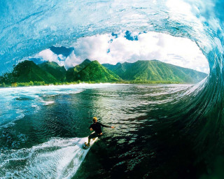 Man riding wave surfboard ocean 9 - fisheye len free wallpaper