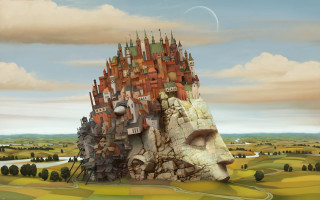 Surreal castle giant face field 2 - surrealist free wallpaper