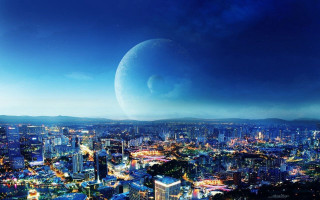 Cityscape large moon distant object - a cityscape free wallpaper for desktop