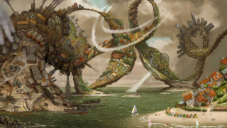 Giant octopus attacking city beach 2 - surrealistic free wallpaper