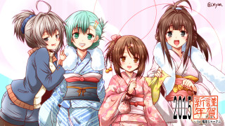 Women kimonos pink background sky - a group of women free wallpaper