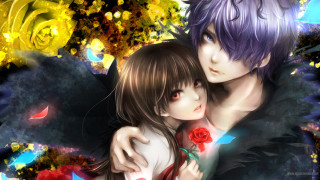 Anime couple hugging flowers background - a painting of flowers free wallpaper