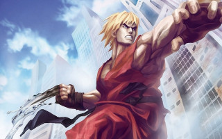 Man red dress sword city - his hand and a city in the background free wallpaper