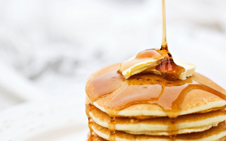 Pancakes syrup bacon plate fork - top of them free wallpaper