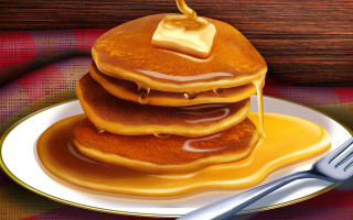 Pancakes syrup plate fork knife 3 - a wooden background free wallpaper