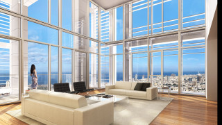 Woman standing livingroom city view - modernism free wallpaper