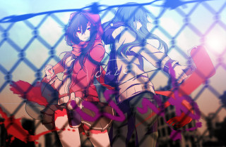 Anime girls fence cat building - a chain link fence free wallpaper