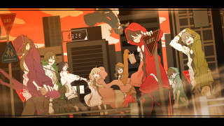 Cartoon characters city skyline sunset - a red sky in the background free wallpaper