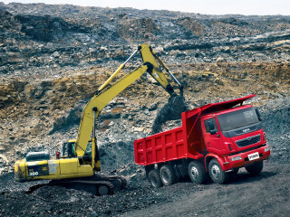 Red truck yellow bulldozer dirt - a red truck free wallpaper