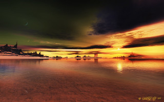 Sunset water city moon sky - arthur pan free wallpaper