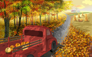 Red truck autumn leaves fall - a red truck free wallpaper