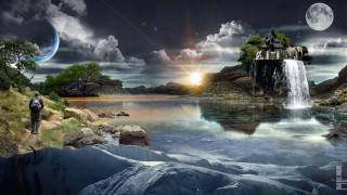 Man cliff waterfall lake overlooking - a waterfall in the middle of it free wallpaper