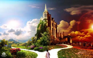 Woman walking path building spire 3 - a path free wallpaper