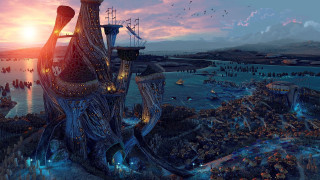 Futuristic city giant tree sunset - a futuristic city free wallpaper