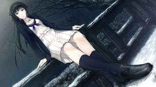 Woman sitting snow blackboots pleatedskirt - a short dress free wallpaper