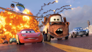 Cartoon character fireball cars road - a plane in the background free wallpaper for desktop