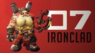 Red background overwatch character with - a character free wallpaper
