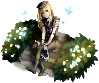 Woman sitting stone bench bush - official art free wallpaper for desktop