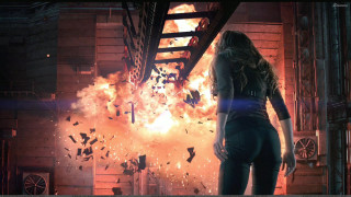 Woman fire building smoke debris - a ladder in the background free wallpaper