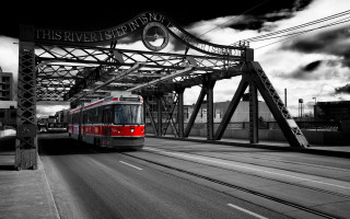 Red white train street bridge - andrew law free wallpaper