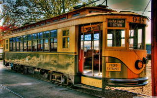 Trolley car parked tracks station - a trolley car free wallpaper