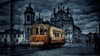 Trolley car night city dark - free retro wallpaper