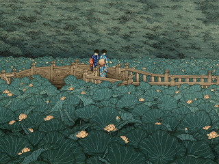 People boat flowers leaves bridge - ukiyoe free wallpaper for desktop
