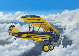 Yellow black biplane flying above - painting free wallpaper