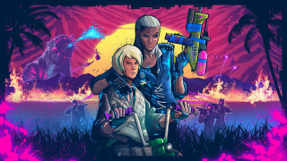 Couple sunset firepit gun together - synthwave free wallpaper for desktop