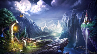 Fantasy landscape house waterfall full - a full moon in the sky free wallpaper