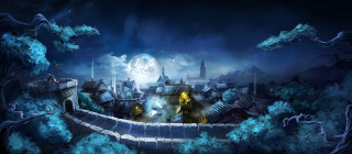 Castle full moon man bridge - a painting of a castle free wallpaper