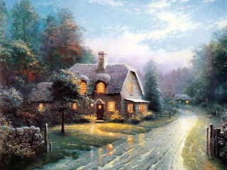 Countryside house road light car - a pointillism painting free wallpaper