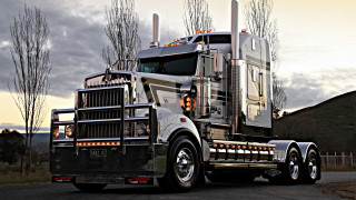 Semi truck parked road forest 2 - chrome free wallpaper
