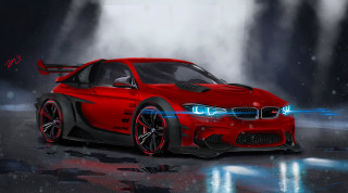 Red car blue light hood - matte drawing free wallpaper