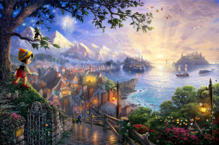 Town by the sea boy - kinkade free wallpaper