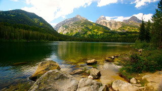 Lake mountains trees rocks foreground - rock free wallpaper