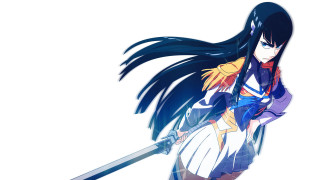 Longblackhair sword purpleoutfit bluecape kiryuuinsatsuki - a purple outfit free wallpaper