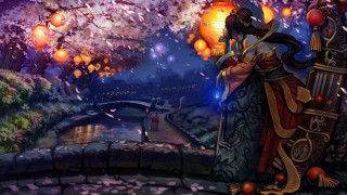 Woman holding lantern park night 2 - a painting of a woman holding free wallpaper