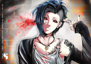 Blue haired man knife blood - wall behind free wallpaper