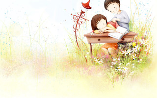 Boy girl bench reading book - a book together free wallpaper