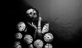 Woman skeleton face clocks time - dark art free wallpaper for desktop