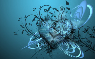 Blue abstract background heart flowers - side and a butterfly free wallpaper