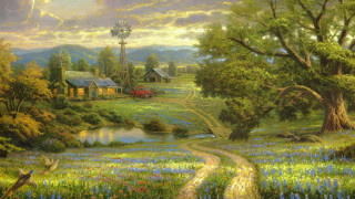 Country house stream windmill painting - brothers hildebrandt free wallpaper