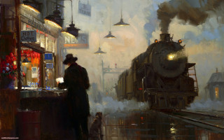 Man standing train station tracks - an oil painting free wallpaper