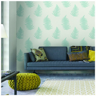Living room blue couch green - a pattern of leaves free wallpaper