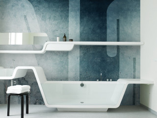 Bathroom bathtub sink mirror stool - clean line free wallpaper