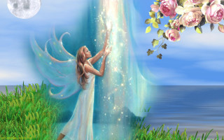 Woman waterfall fullmoon magical realism - radiant free wallpaper
